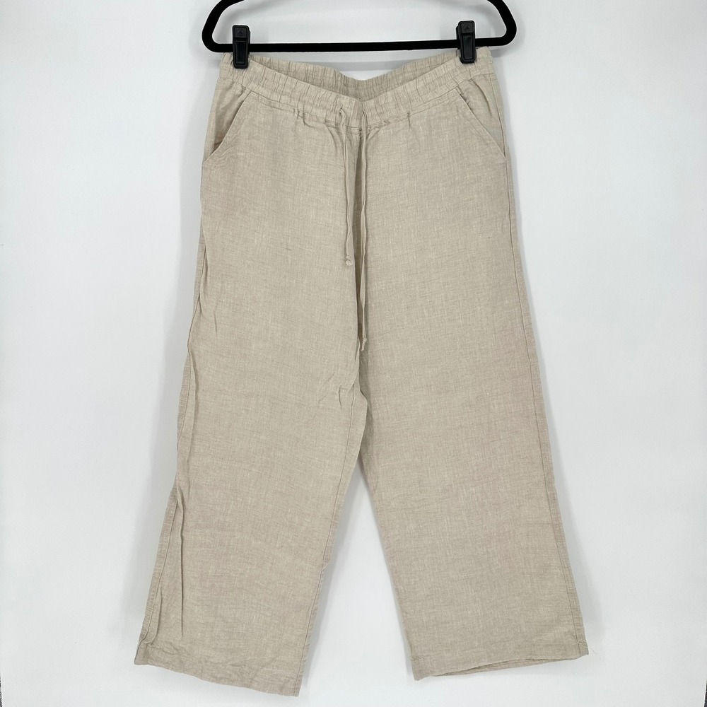 Allen Allen Beige 100% Linen Wide Leg Drawstring Pants Minimalist Lagenlook L